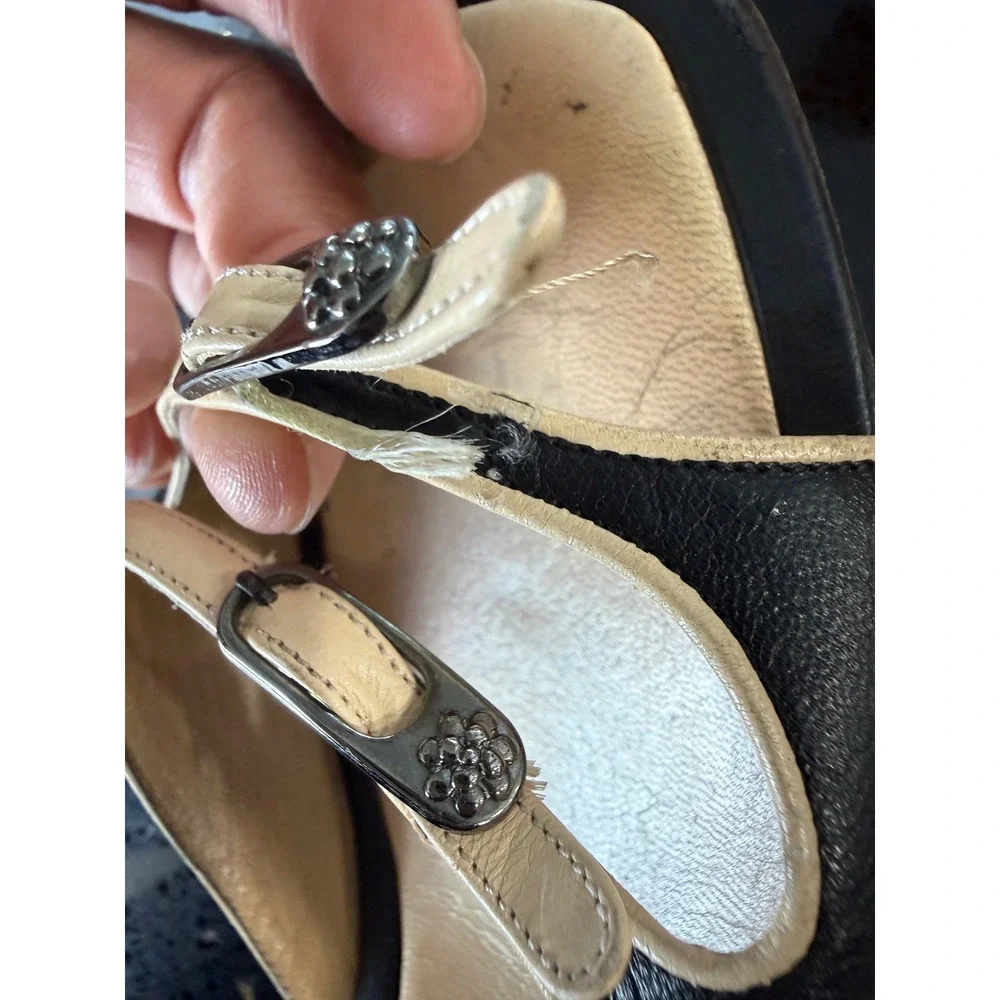 Chanel Vintage Two Tone Leather Camellia Buckle Mule Sandals Black Beige 38